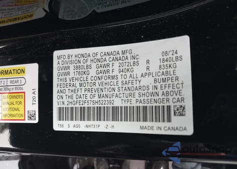 2025 Honda Civic Sport z USA, uszkodzony, nr VIN 2HGFE2F57SH522392